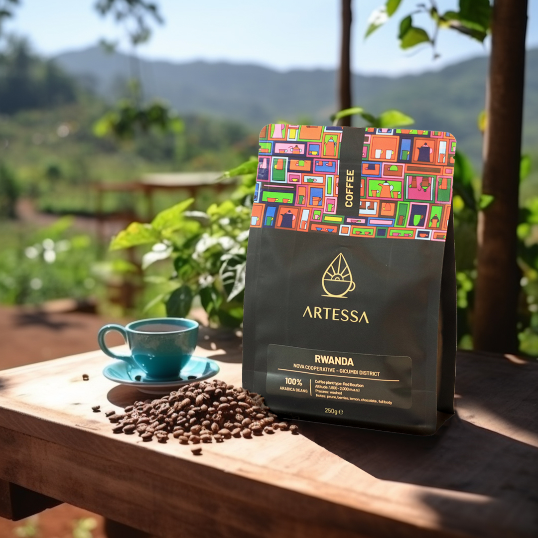 Artessa Rwanda coffee bag on farm